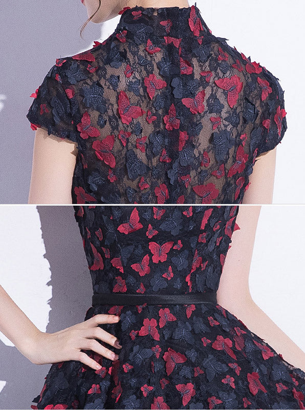 Blue A-line Qipao Cheongsam Party Dress with Butterfly Appliques