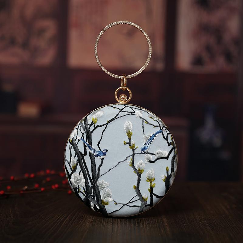 Blue Embroidered Chain Strap Ring Wristlet Bag