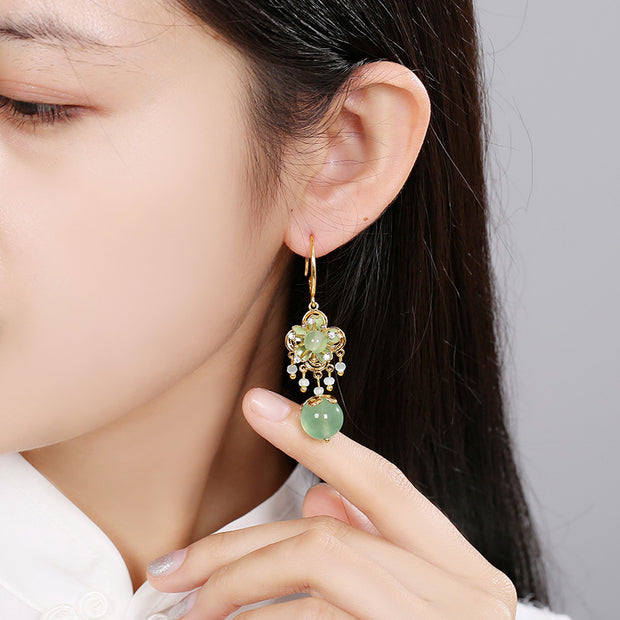 Green Jade Dangle Clip On Pierced Earrings