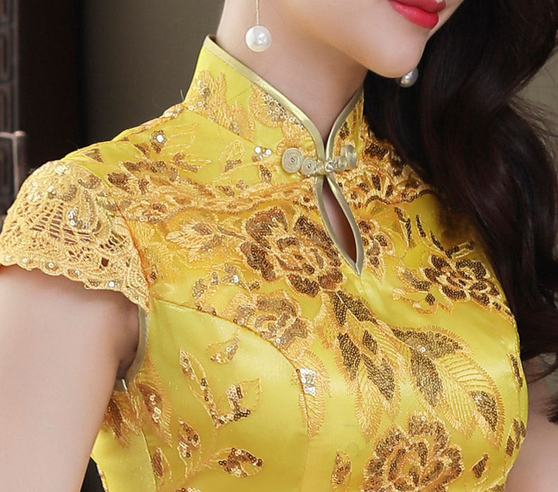 Gold Sequined Long Qipao / Cheongsam Evening Dress