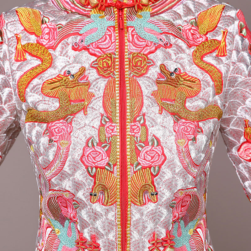 Movie Star Pink Embroidered Chinese Wedding Bridal Qun Kwa