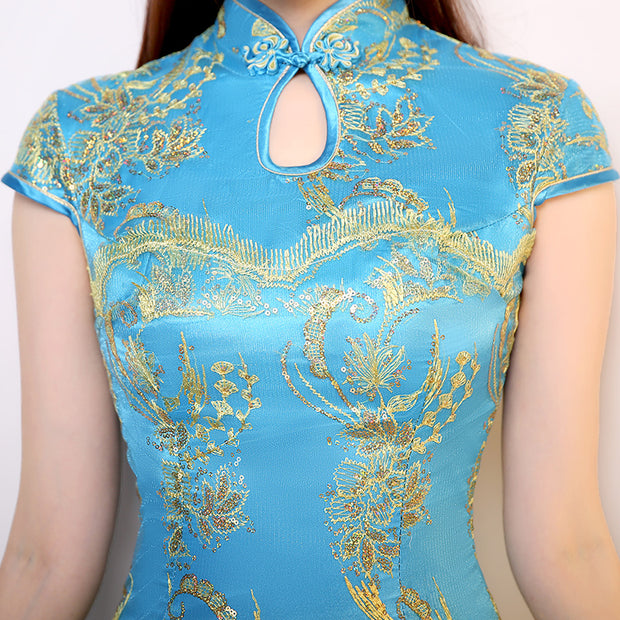 Red Blue Sequined Mermaid Qipao / Cheongsam Wedding Dress