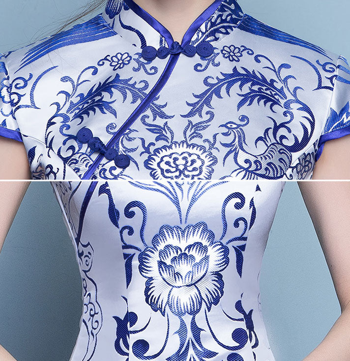 Short Blue & White Floral Qipao / Cheongsam Dress - IMALLURE L Short Blue & White Floral Qipao / Cheongsam Dress - IMALLURE L