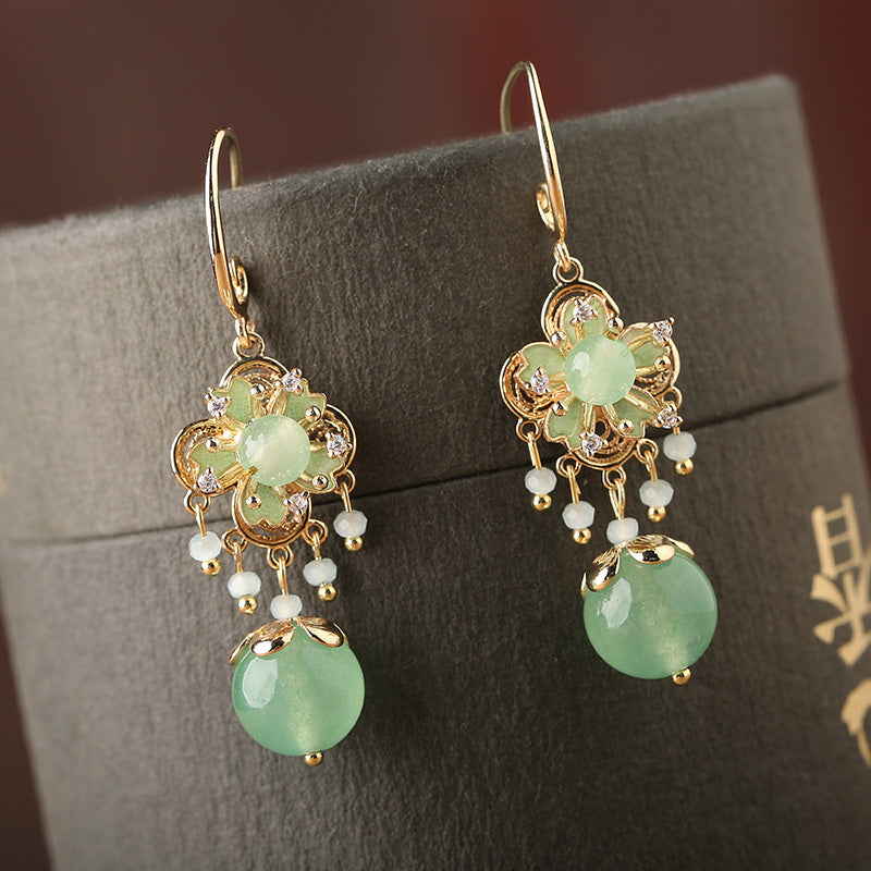 Green Jade Dangle Clip On Pierced Earrings