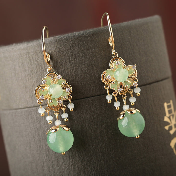 Green Jade Dangle Clip On Pierced Earrings