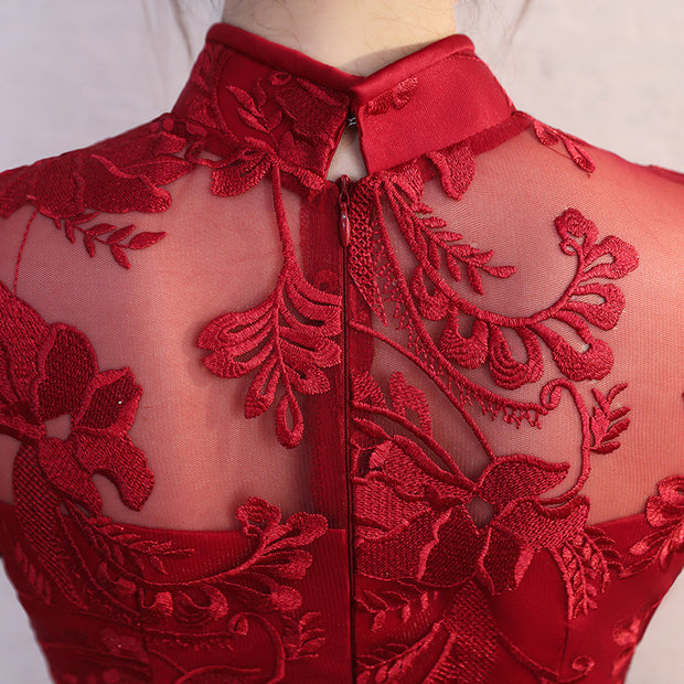 Red Fishtail Qipao / Cheongsam Wedding Dress with Illusion Skirt