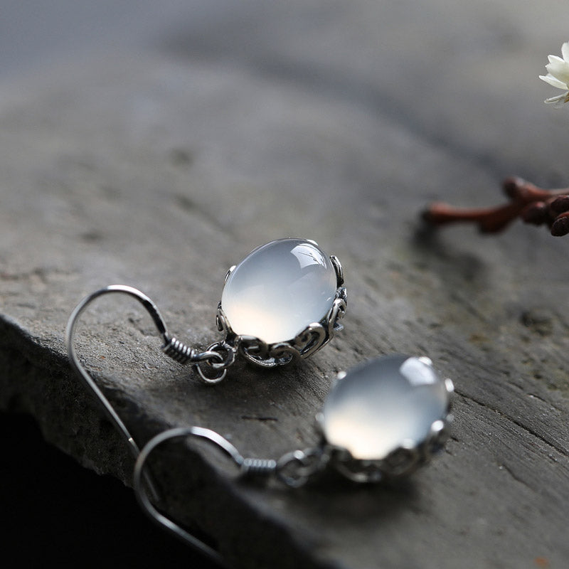 White Chalcedony Drop Dangle Silver Earrings