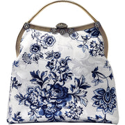 White Blue Floral Top Handle Clutch Handbag