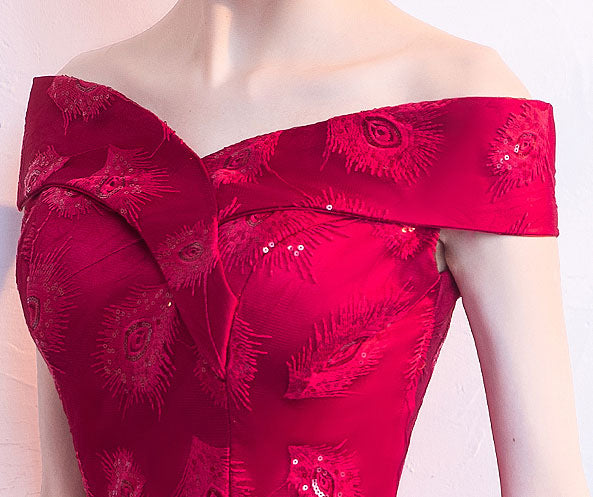 Burgundy Off Shoulder Party Dress with High Low Hem