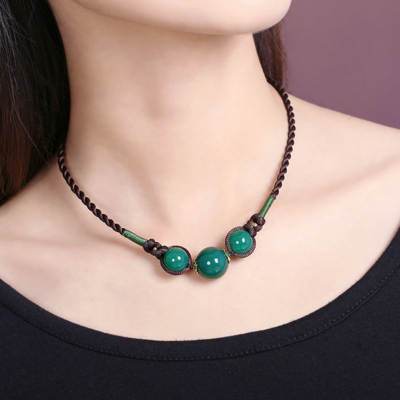 Handmade Green Agate Beads String Necklaces
