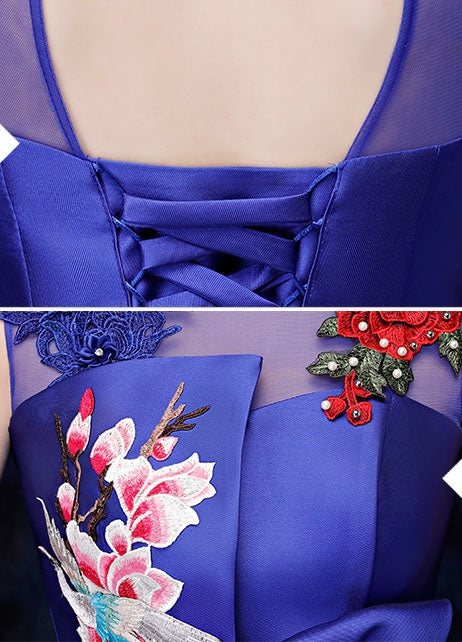 Red Blue Embroidered Fishtail Qipao / Cheongsam Wedding Dress