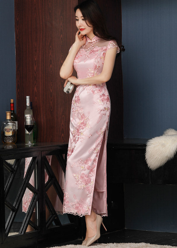 Pink Embroidered Long Qipao / Cheongsam Wedding Dress
