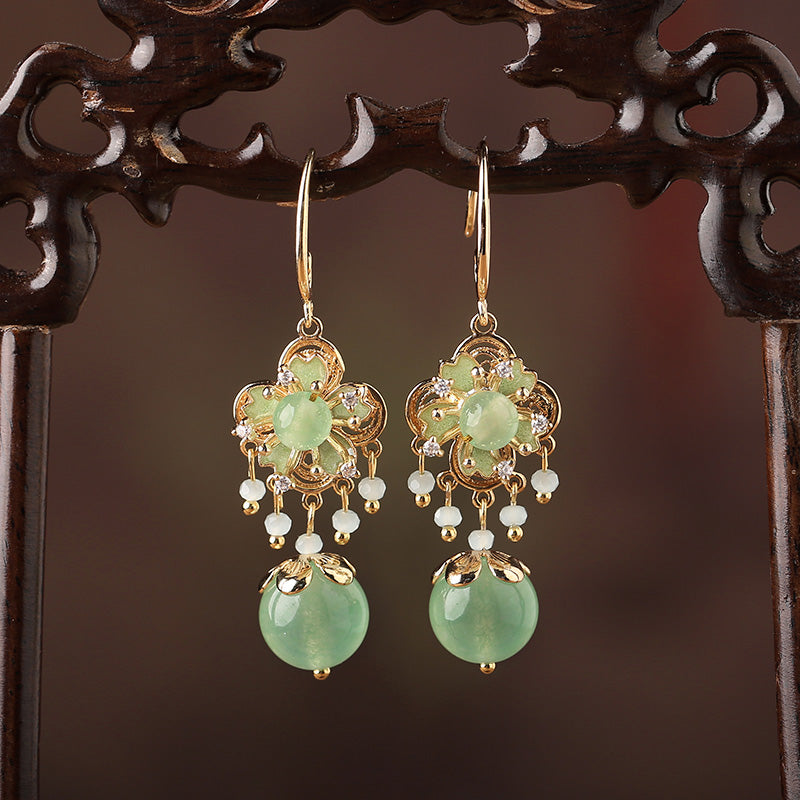 Green Jade Dangle Clip On Pierced Earrings