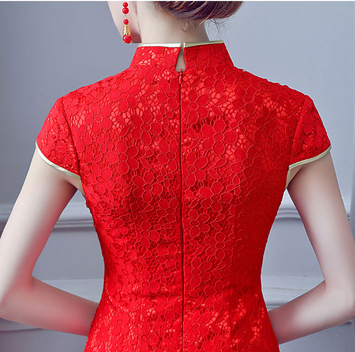 Red Lace Phoenix Fishtail Long Qipao / Cheongsam Wedding Dress
