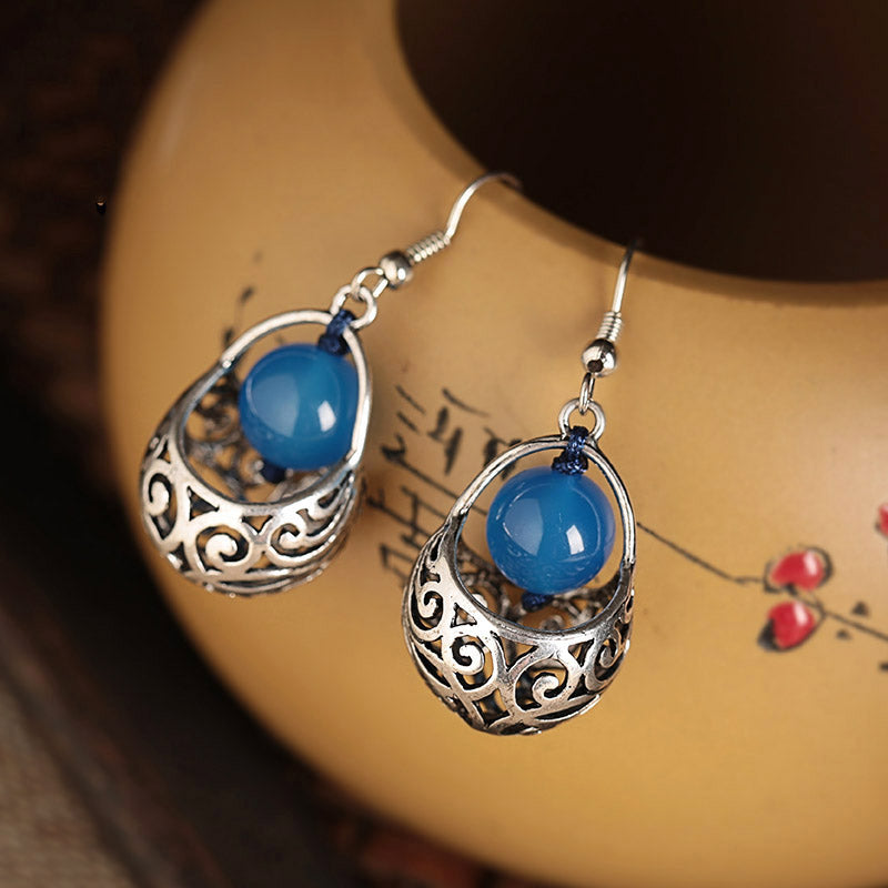 Pierced Clip On Blue Agate Dangle Drop Earrings