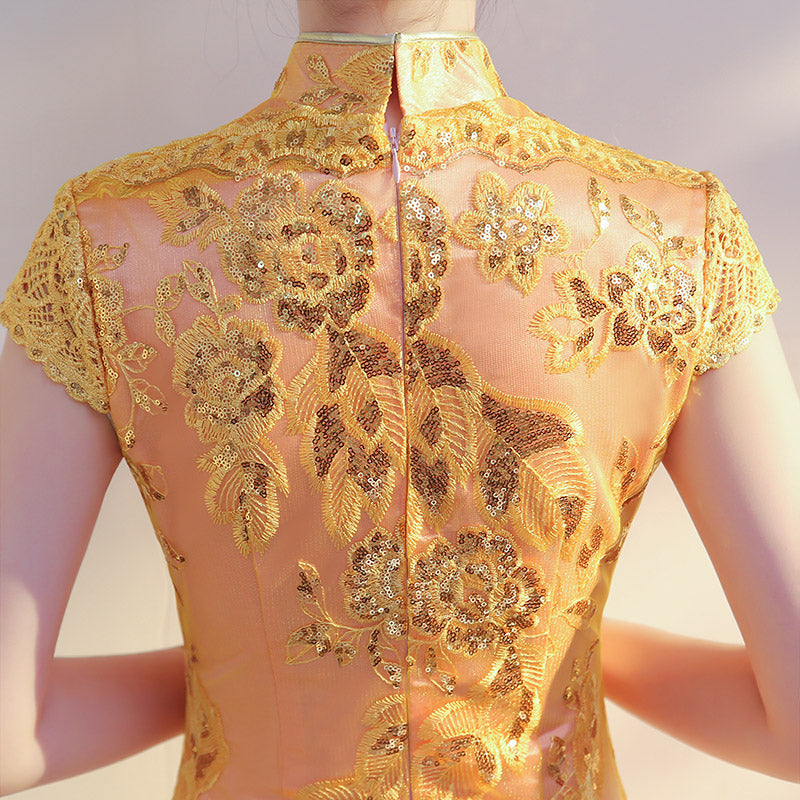 Purple Pink Sequined Maxi Qipao / Cheongsam Evening Dress