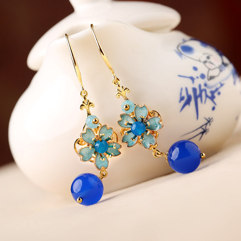Blue Agate Drop Dangle Hook Clip On Earrings