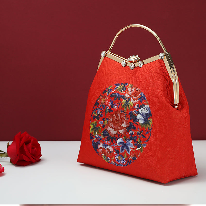 Red Printed Floral Chain Shoulder Cross Handbag