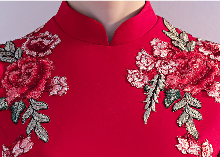 Red Embroidered Fishtail Qipao Cheongsam Wedding  Dress