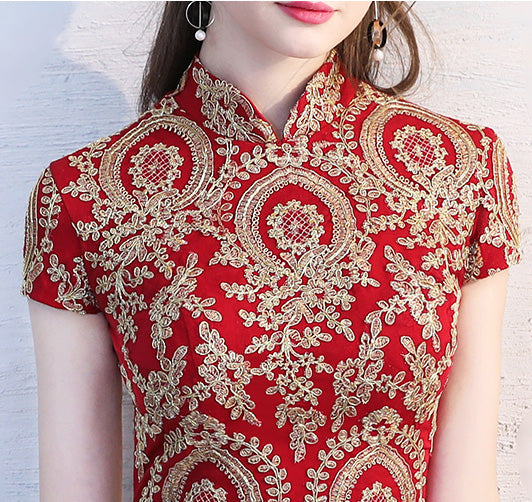 Red Long Qipao / Cheongsam Evening Dress with Gold Appliques