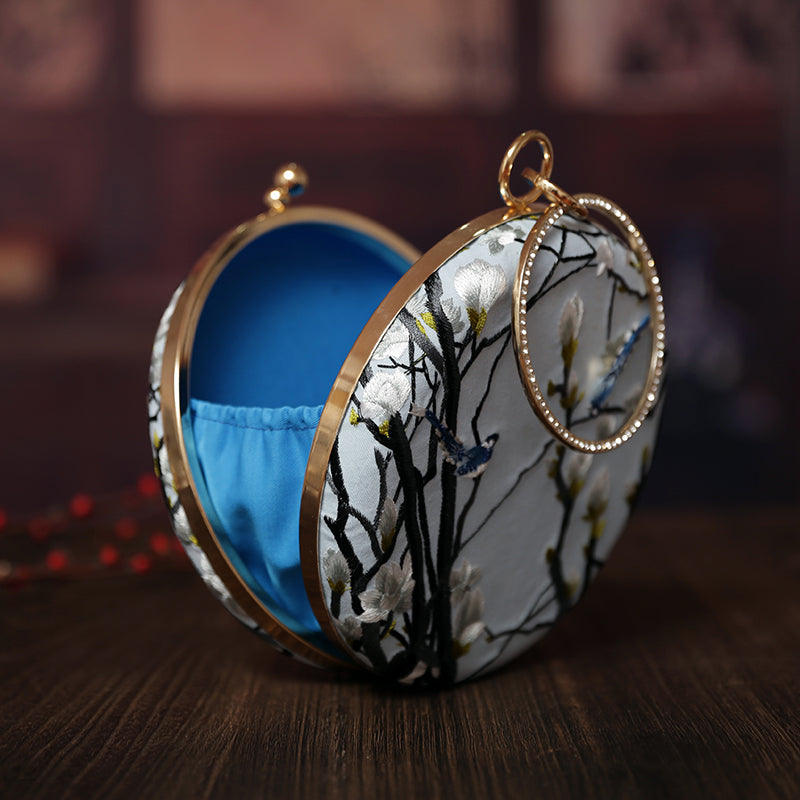Blue Embroidered Chain Strap Ring Wristlet Bag