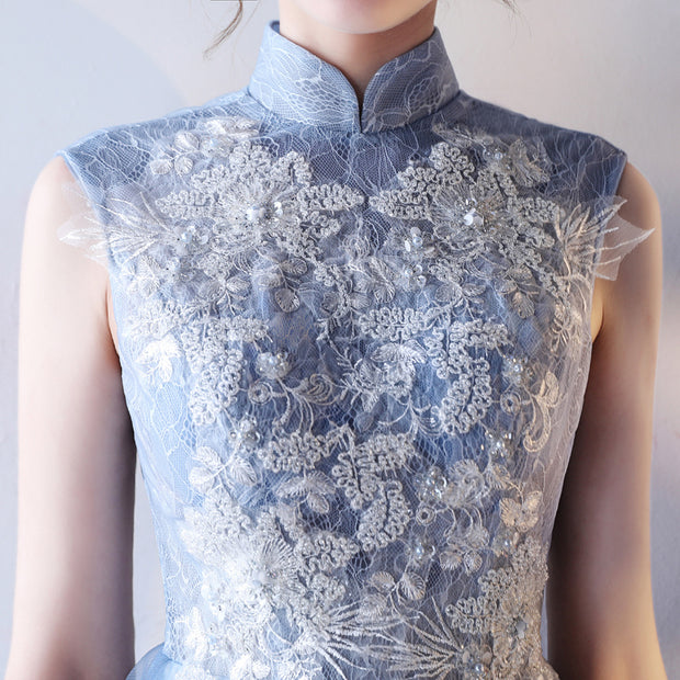 Blue Bridesmaid Tulle Qipao / Cheongsam Dress with Cutout Back