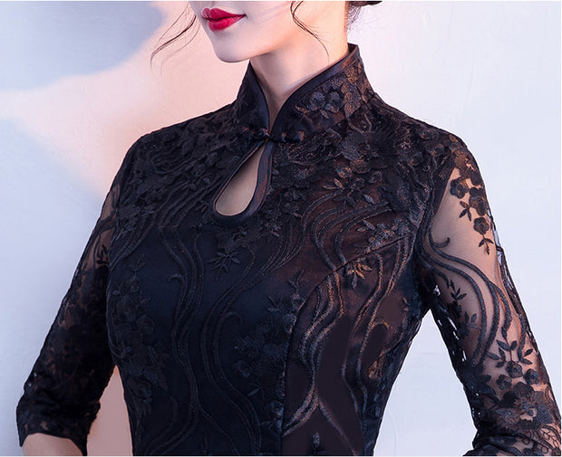 Black Red Floral Lace Overlay Qipao / Cheongsam Evening Dress
