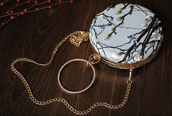 Blue Embroidered Chain Strap Ring Wristlet Bag