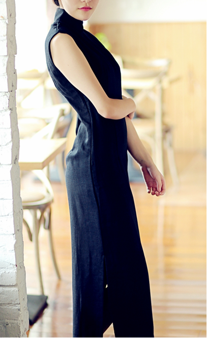 Black Ramie Tea-Length  Qipao / Cheongsam Dress