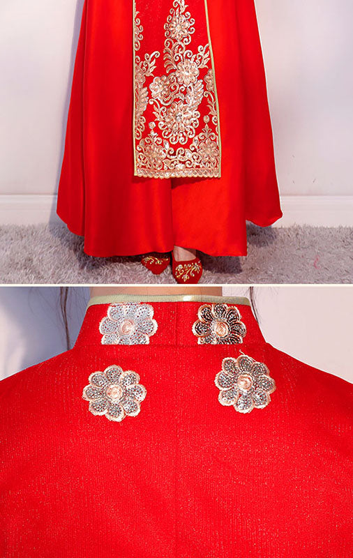 Sequined Embroidered Floral Chinese Wedding Bridal Qun Gua