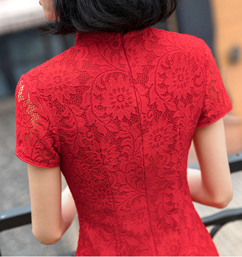 Red Beads Lace Long Qipao / Cheongsam Wedding Dress