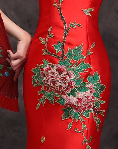 Red Embroidered Trumpet Mermaid Qipao / Cheongsam Evening Dress