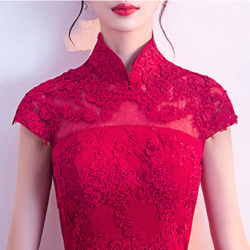 Red Slinky Thigh Long Qipao / Cheongsam Gown with Lace Top