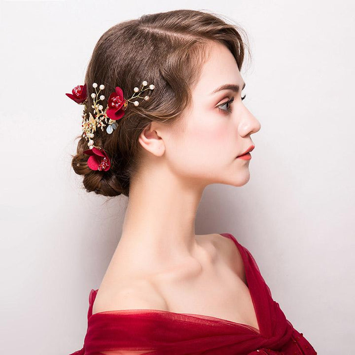 Red Blossoms and Alloy Pearl Hair Vine