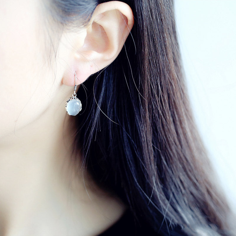White Chalcedony Drop Dangle Silver Earrings