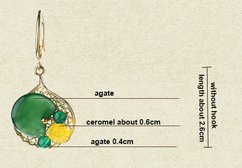 Green Agate Dangle Drop Hook Non Pierced Earrings
