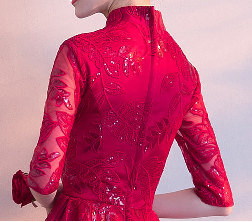 Sequined Wine Red Qipao / Cheongsam Evening Dress with Dipped Hem
