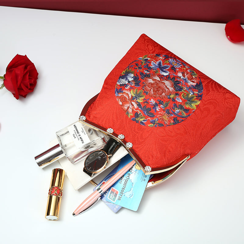 Red Printed Floral Chain Shoulder Cross Handbag