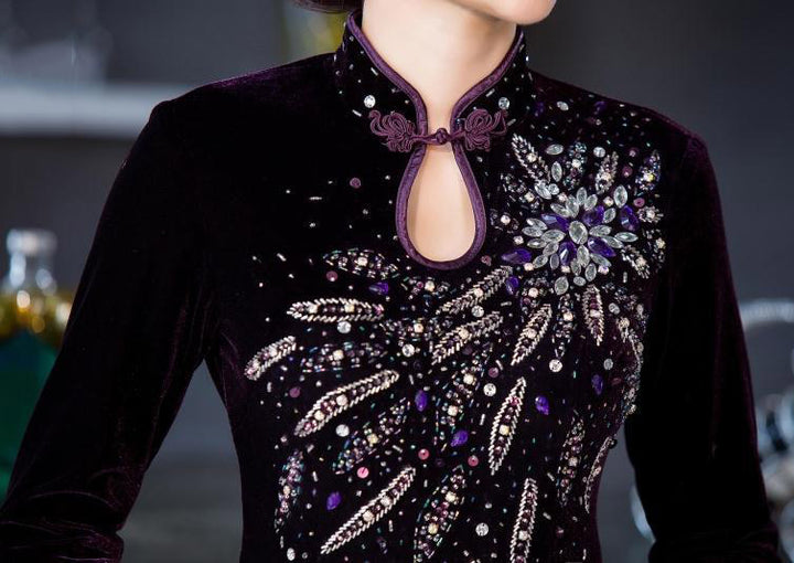 Beads Velvet Mother's Modern Qipao / Cheongsam Party Dress