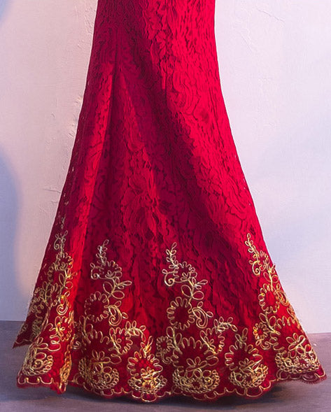 Wine Red Lace Floor Length Cheongsam / Qipao Wedding Dress
