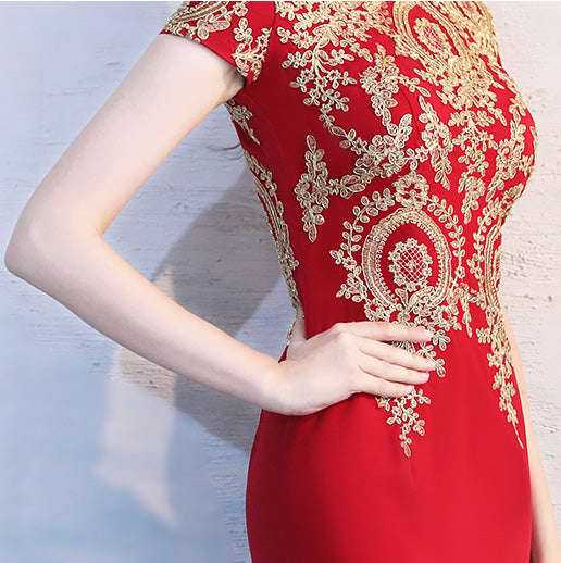 Red Long Qipao / Cheongsam Evening Dress with Gold Appliques