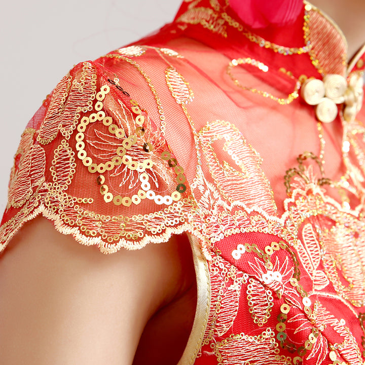 Red Full Length Sequined Mermaid Cheongsam / Qipao Wedding Dress