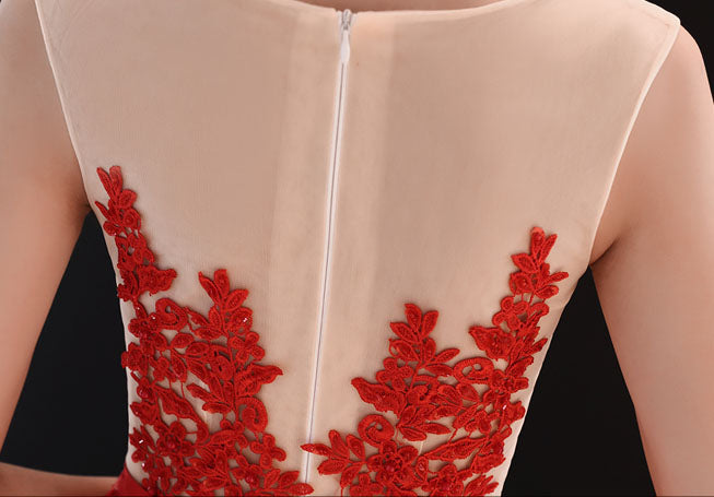 Red Lace Fit and Flare Wedding Party Dress