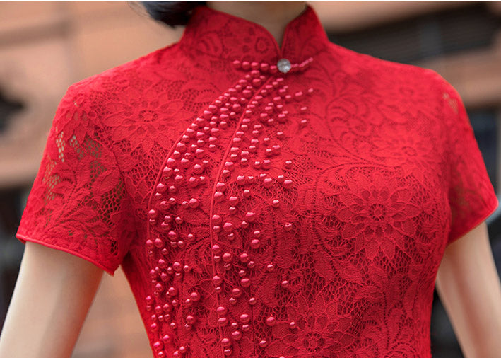 Red Beads Lace Long Qipao / Cheongsam Wedding Dress