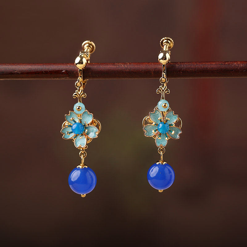 Blue Agate Drop Dangle Hook Clip On Earrings