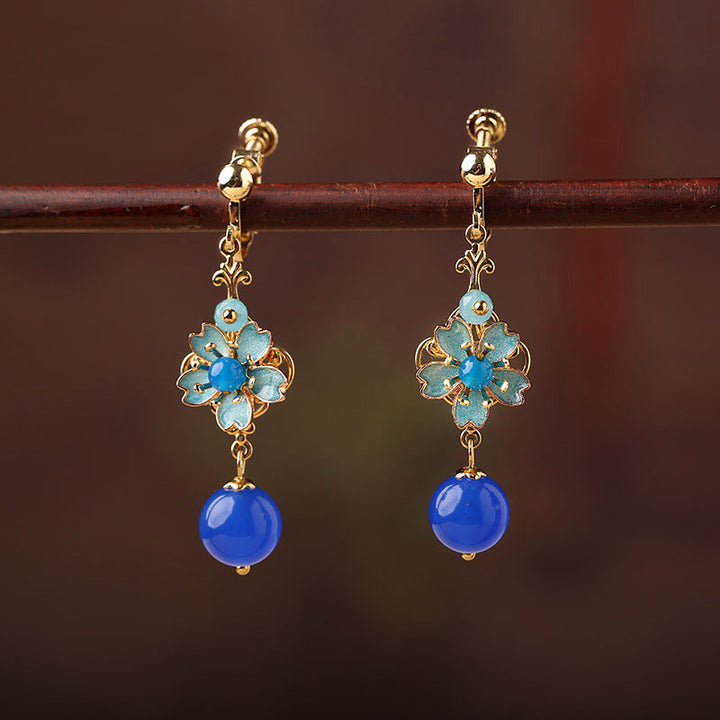 Blue Agate Drop Dangle Hook Clip On Earrings