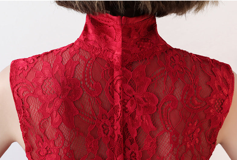 Red Lace Qi Pao Cheongsam Dress with High Low Hem - IMALLURE