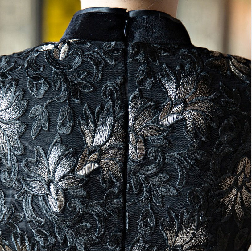Black Velvet Long Qipao / Cheongsam Party Dress with Lace Insert