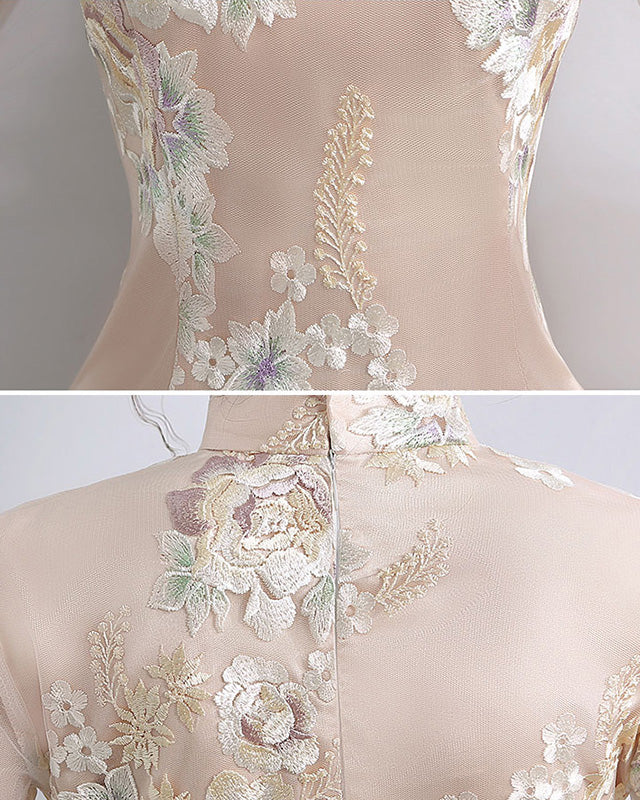 Champagne Embroidered Midi Qipao / Cheongsam Party Dress