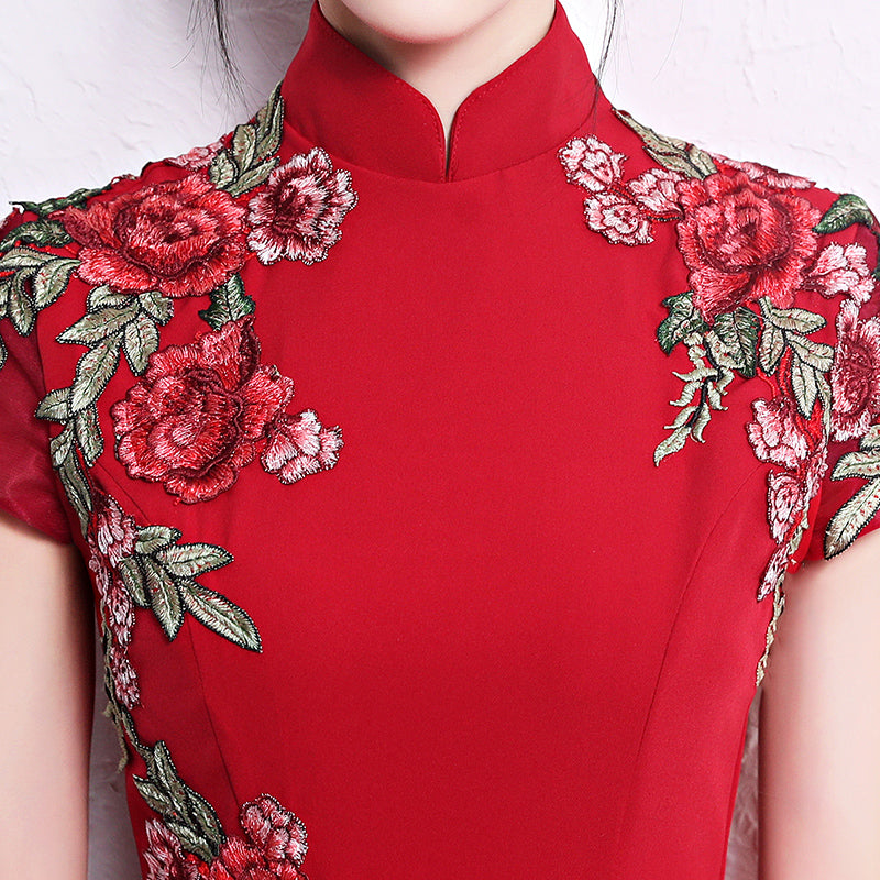 Red Embroidered Fishtail Maxi Qipao / Cheongsam Wedding Dress